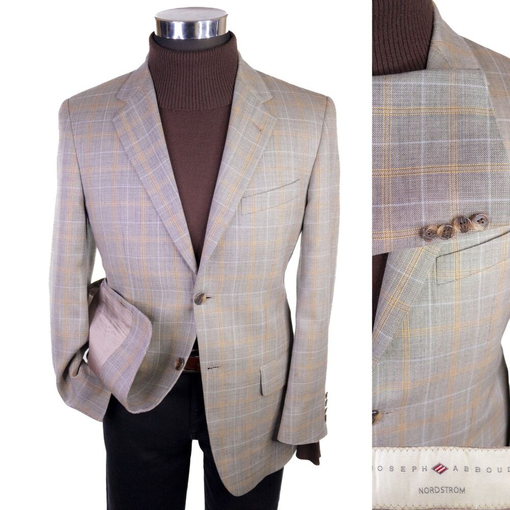 Joseph Abboud Blazer Sport Coat Sz 36S Plaid Beige Silk Wool 2-Button Jacket